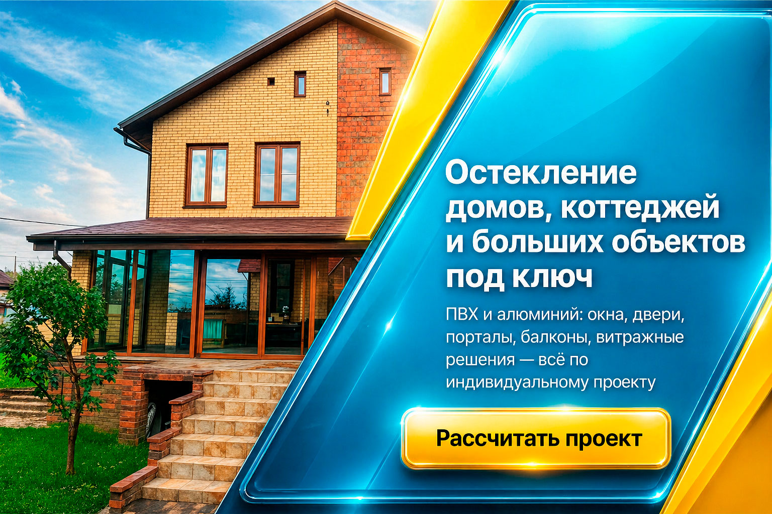 Остекление домов, коттеджей и больших объектов под ключ — ПВХ и алюминий: окна, двери, порталы, балконы, витражные решения. Рассчитать проект.