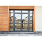 Распашные двери серого цвета для бутика с панорамным остеклением