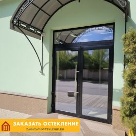 Распашная входная дверь в аптеку с остеклением тонированным стеклом