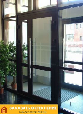 Распашная входная дверь для магазина с панорамным остеклением и автоматическим доводчиком